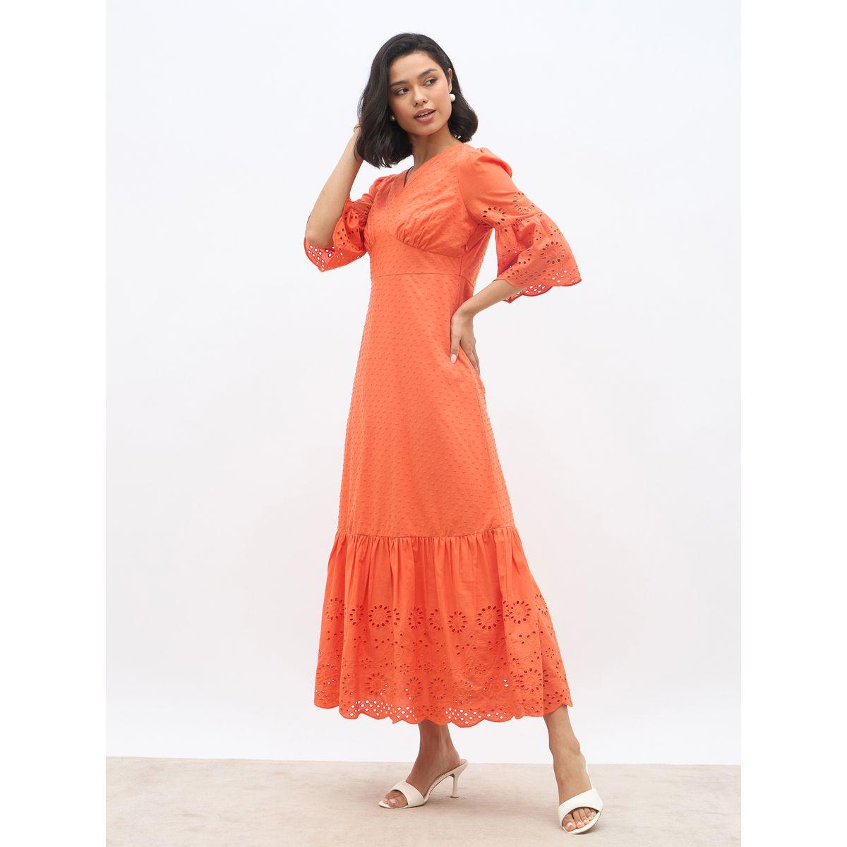 Styli Schiffli A-Line Maxi Dress with 3/4th Sleeves-women-clothing-dresses-image-3