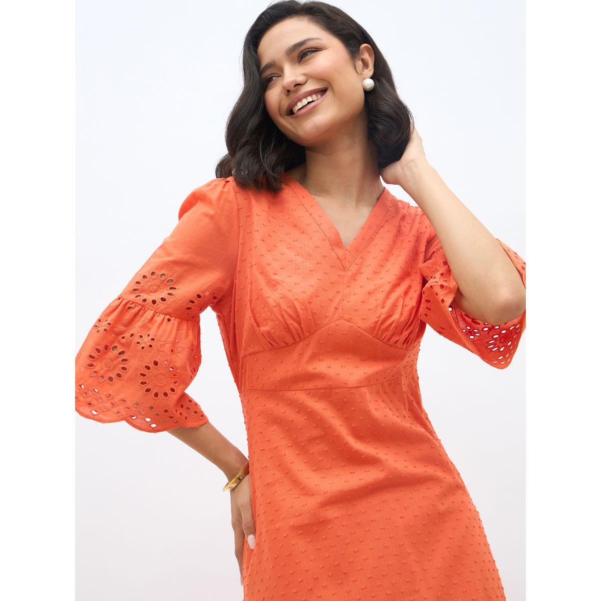 Styli Schiffli A-Line Maxi Dress with 3/4th Sleeves-women-clothing-dresses-image-4
