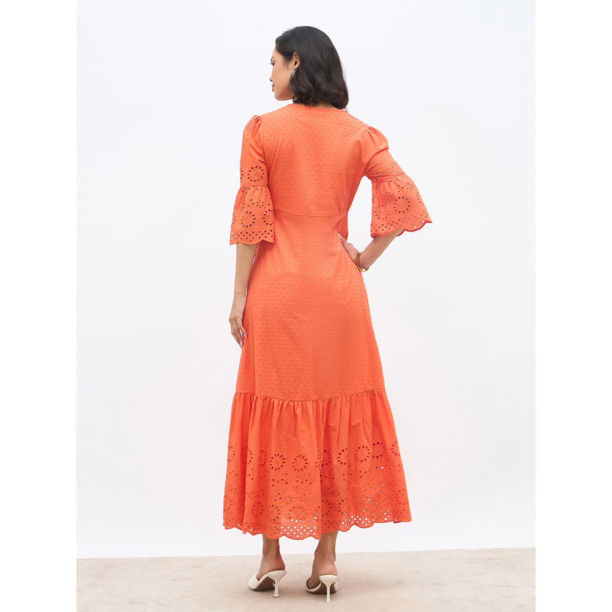 Styli Schiffli A-Line Maxi Dress with 3/4th Sleeves-women-clothing-dresses-image-5