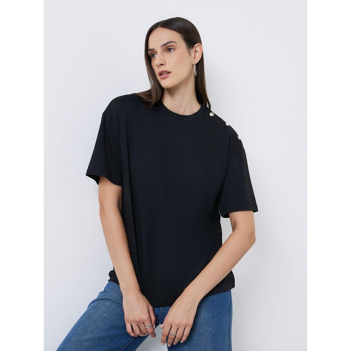 Styli Black Oversized T-Shirt with Button Detail-women-clothing-tshirts-image-1