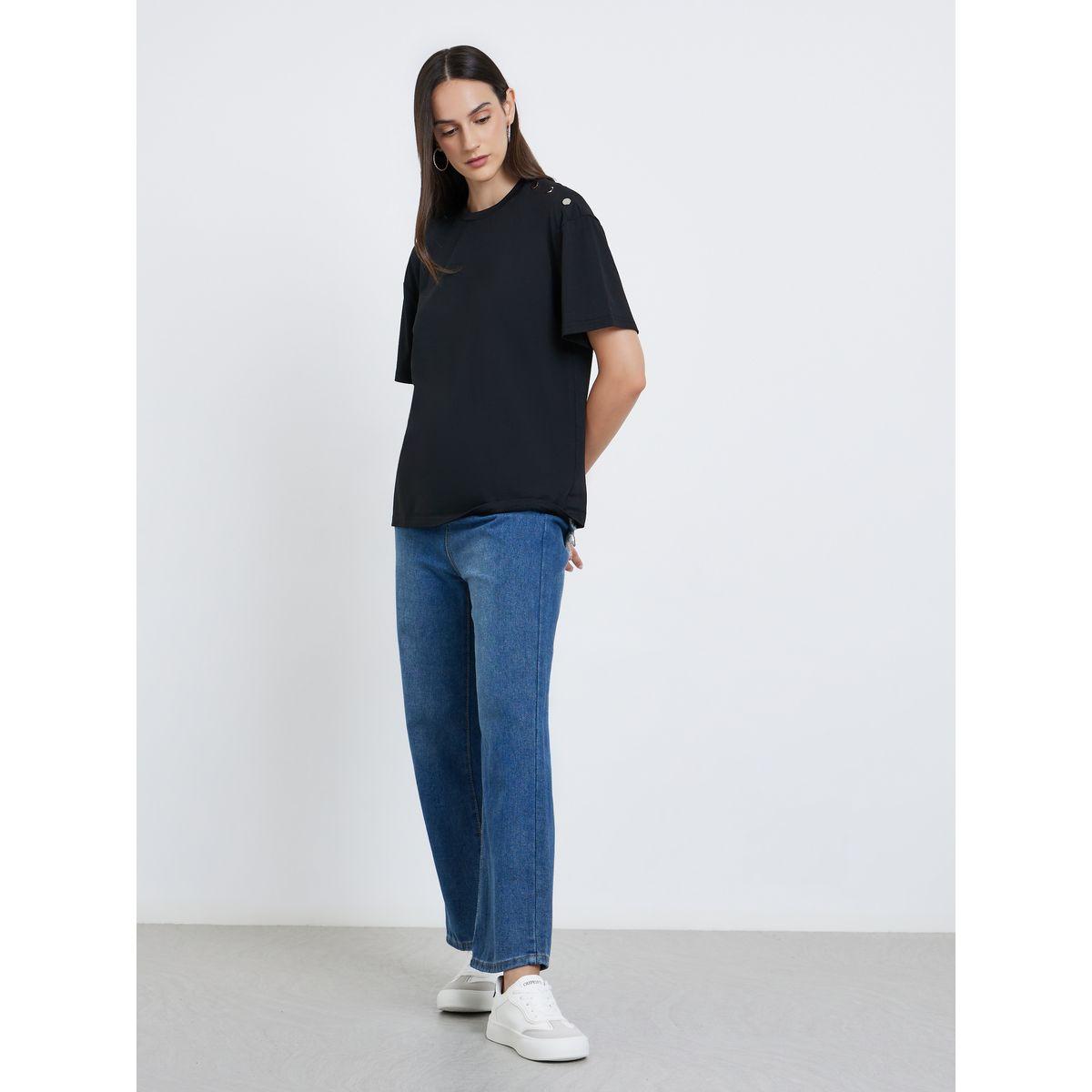 Styli Black Oversized T-Shirt with Button Detail-women-clothing-tshirts-image-2