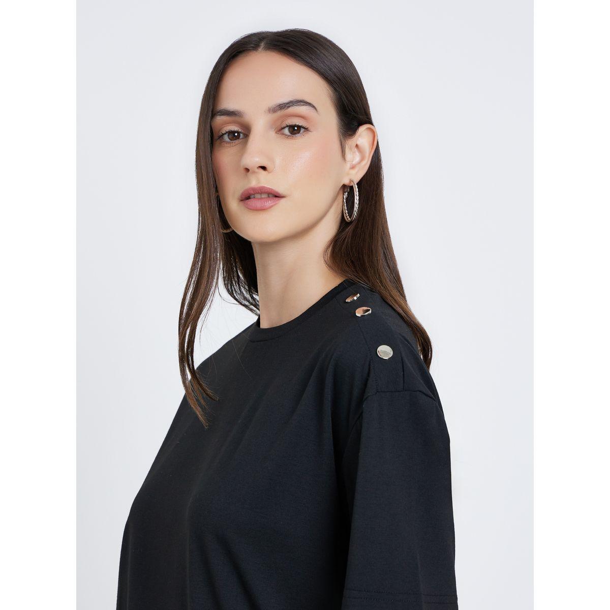 Styli Black Oversized T-Shirt with Button Detail-women-clothing-tshirts-image-3