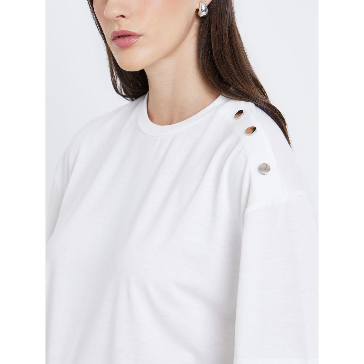 Styli White Oversized T-Shirt with Button Detail-women-clothing-tshirts-image-3
