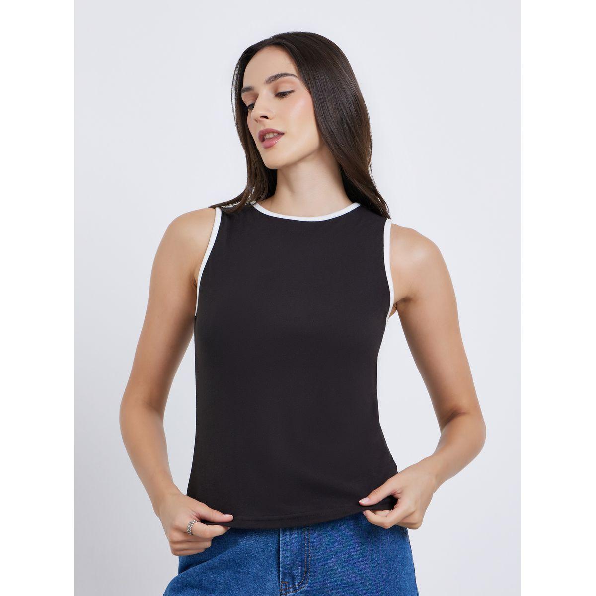 Styli Women Black Contrast Binding Fitted Tank-women-clothing-tshirts-image-3