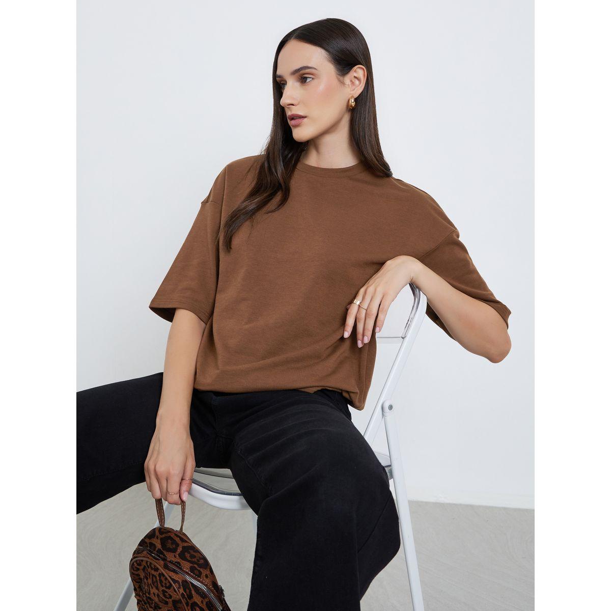 Styli Women Brown Terry Boxy Fit T-Shirt-women-clothing-tshirts-image-1