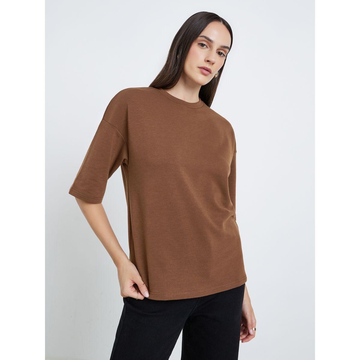 Styli Women Brown Terry Boxy Fit T-Shirt-women-clothing-tshirts-image-3