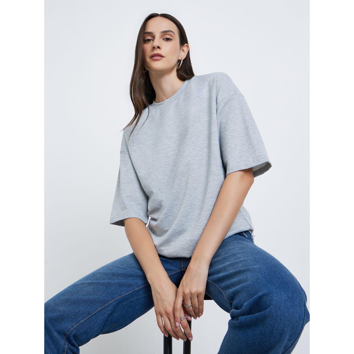 Styli Women Grey Terry Boxy Fit T-Shirt-women-clothing-tshirts-image-1