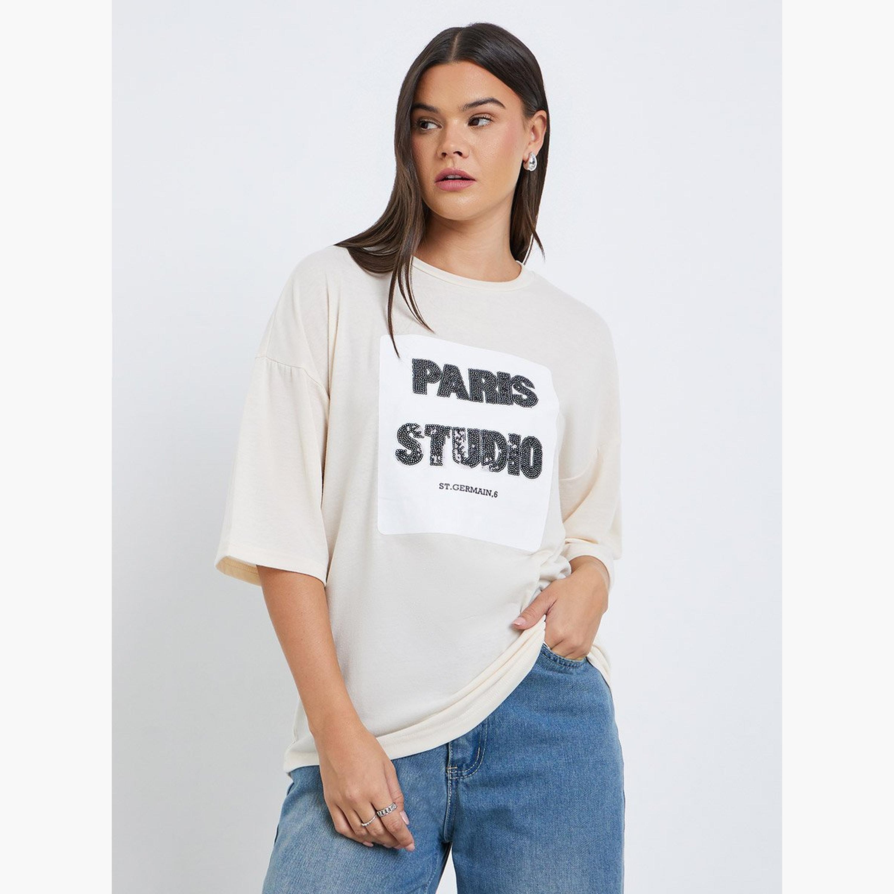 Styli Women Beige Sequin Paris Oversized T-Shirt-women-clothing-tshirts-image-1