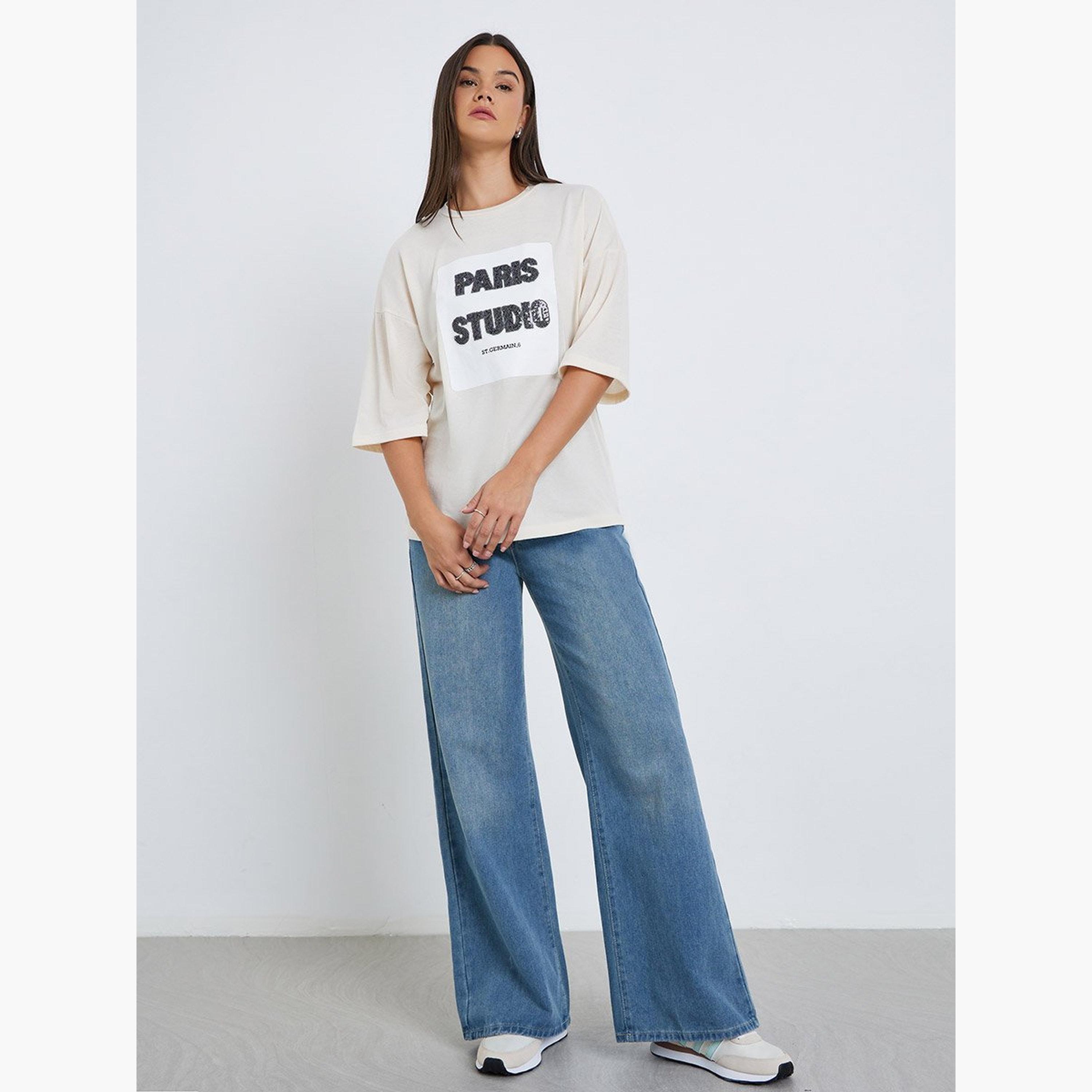 Styli Women Beige Sequin Paris Oversized T-Shirt-women-clothing-tshirts-image-2