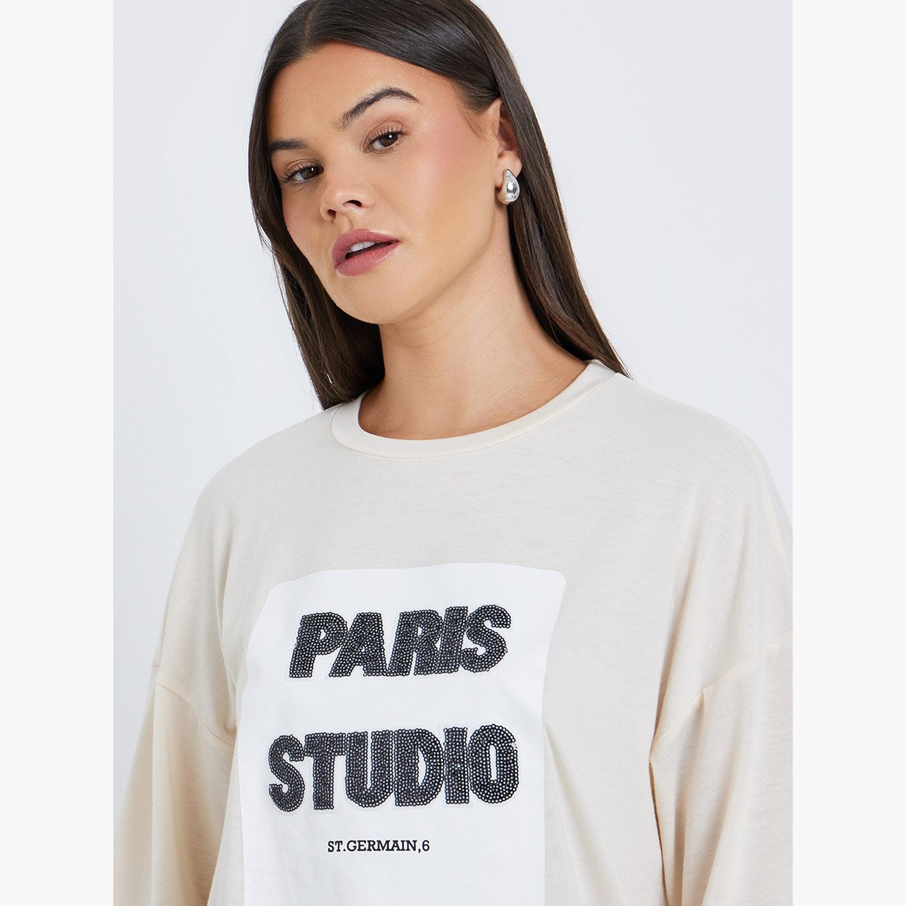 Styli Women Beige Sequin Paris Oversized T-Shirt-women-clothing-tshirts-image-3