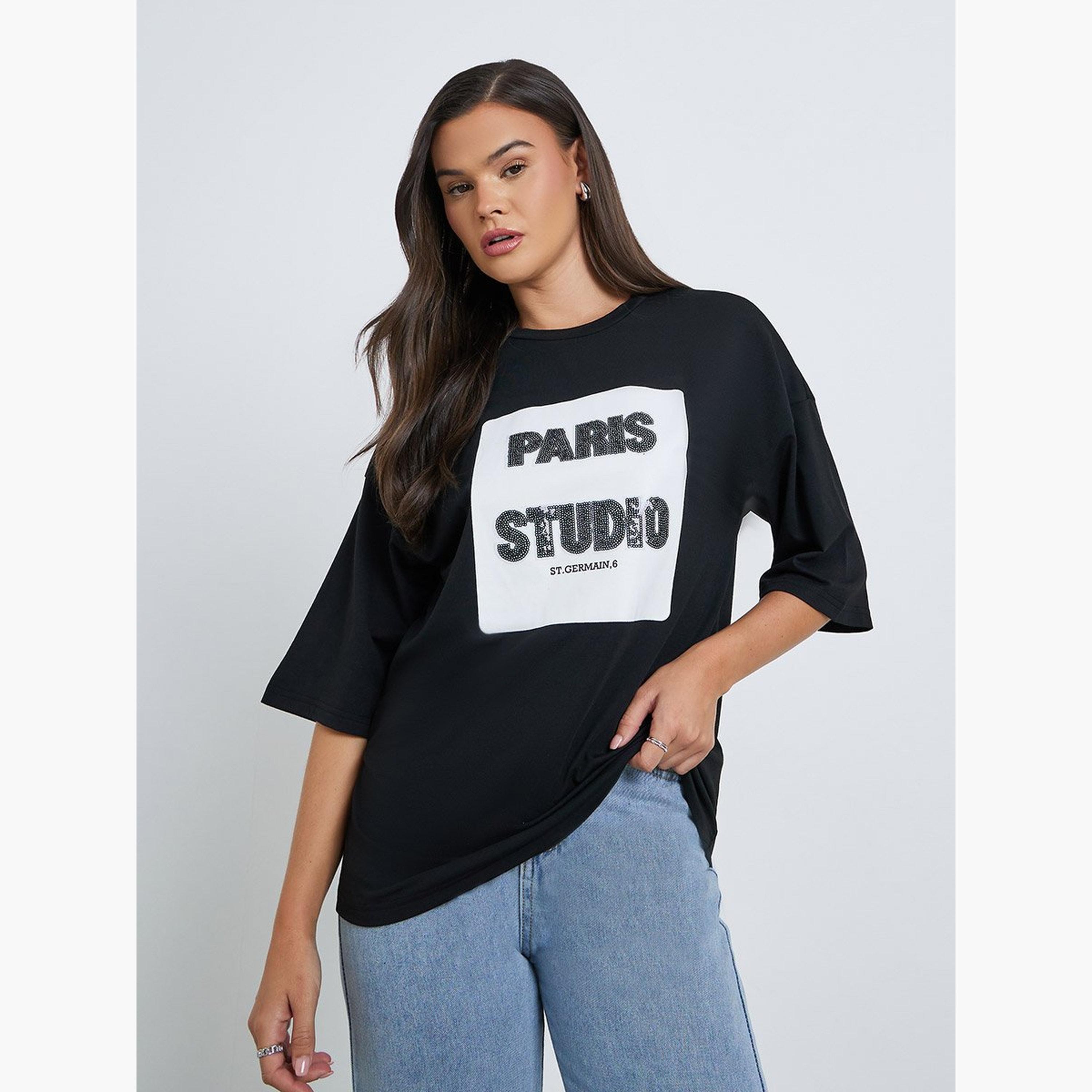 Styli Women Black Sequin Paris Oversized T-Shirt-women-clothing-tshirts-image-1