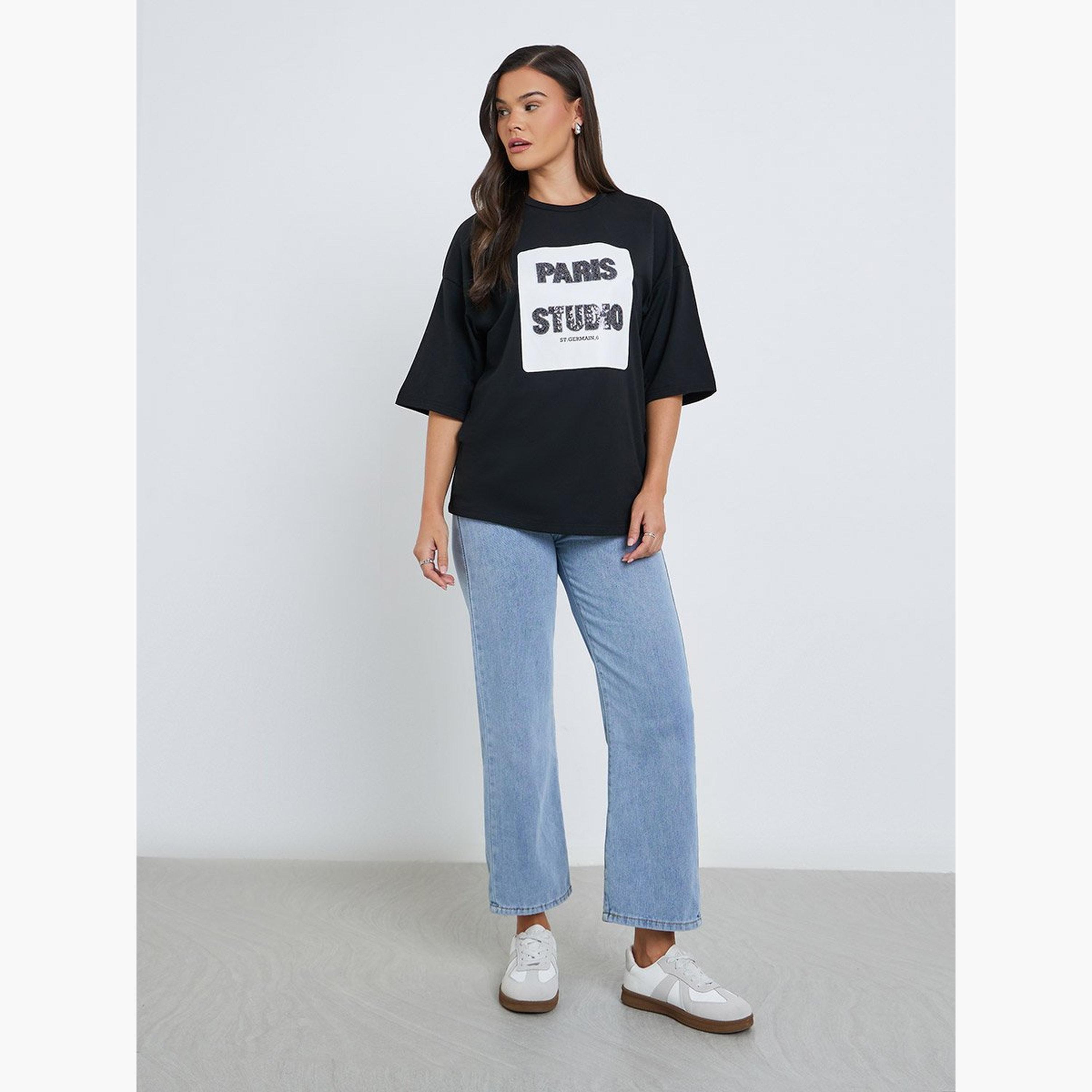 Styli Women Black Sequin Paris Oversized T-Shirt-women-clothing-tshirts-image-2