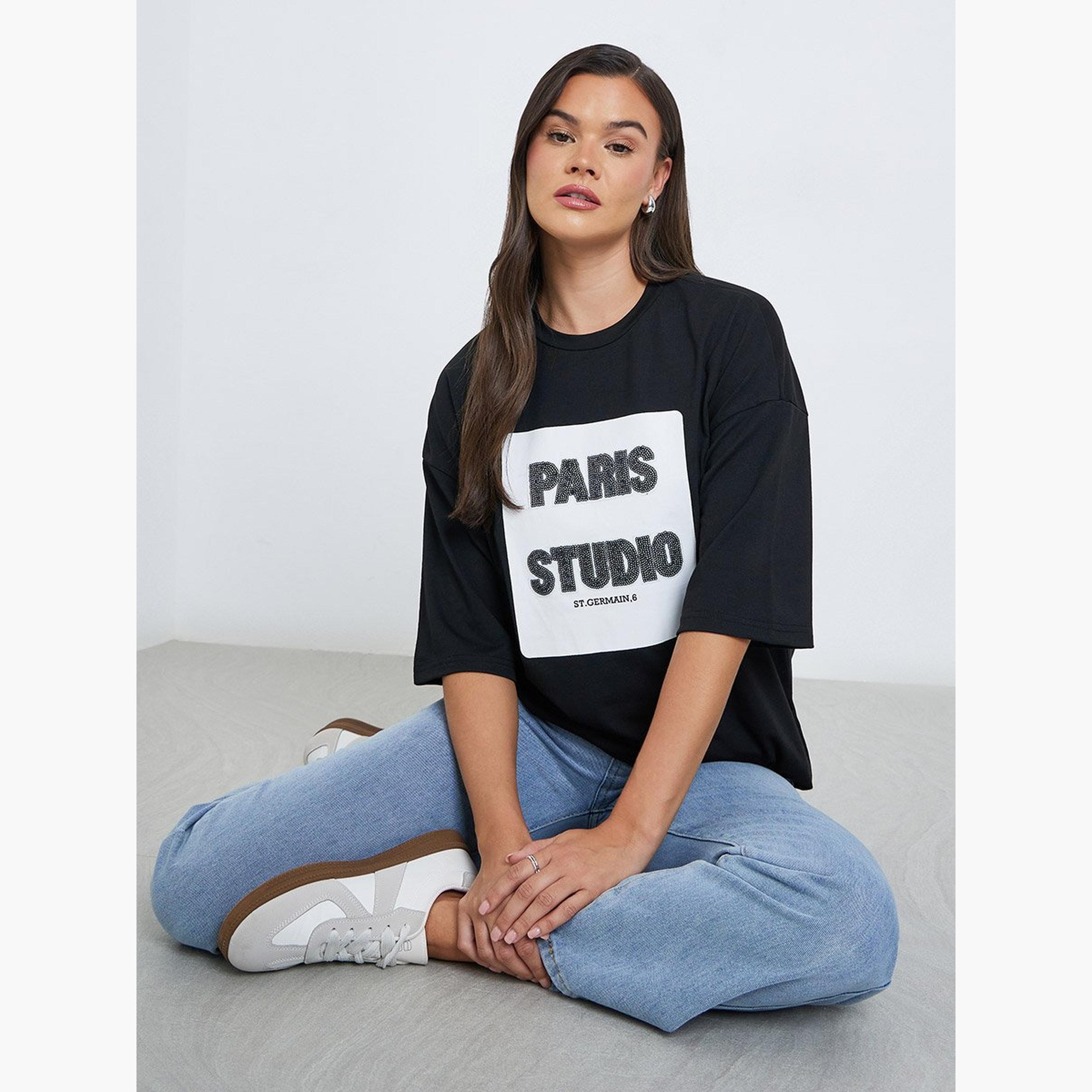 Styli Women Black Sequin Paris Oversized T-Shirt-women-clothing-tshirts-image-3