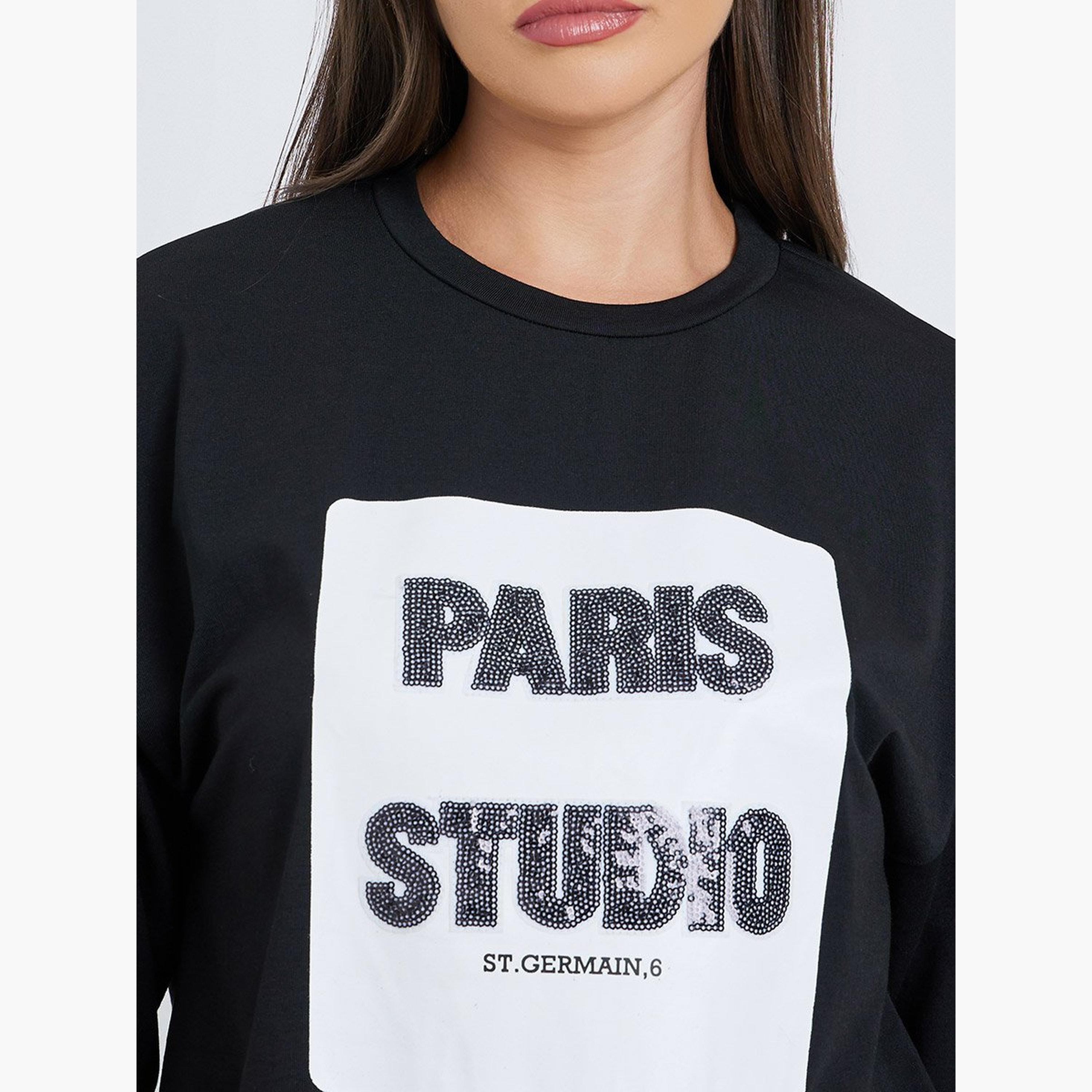 Styli Women Black Sequin Paris Oversized T-Shirt-women-clothing-tshirts-image-4