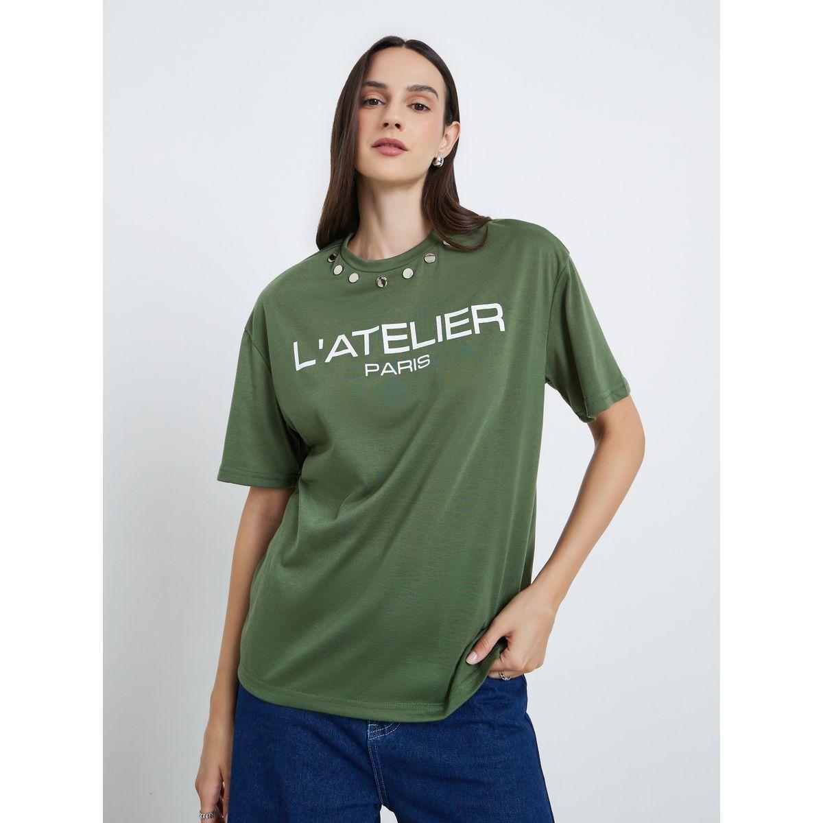 Styli Women Green Studded Oversized T-Shirt-women-clothing-tshirts-image-1