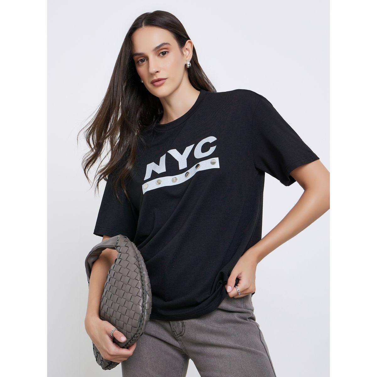 Styli Women Black NYC Print Stud Oversized T-Shirt-women-clothing-tshirts-image-1