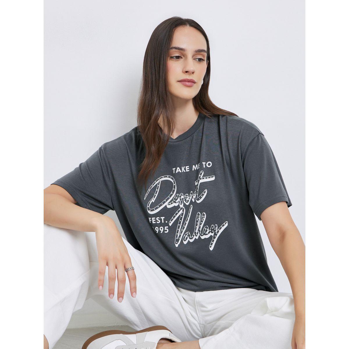Styli Women Charcoal Graphic Print Oversized T-Shirt-women-clothing-tshirts-image-1