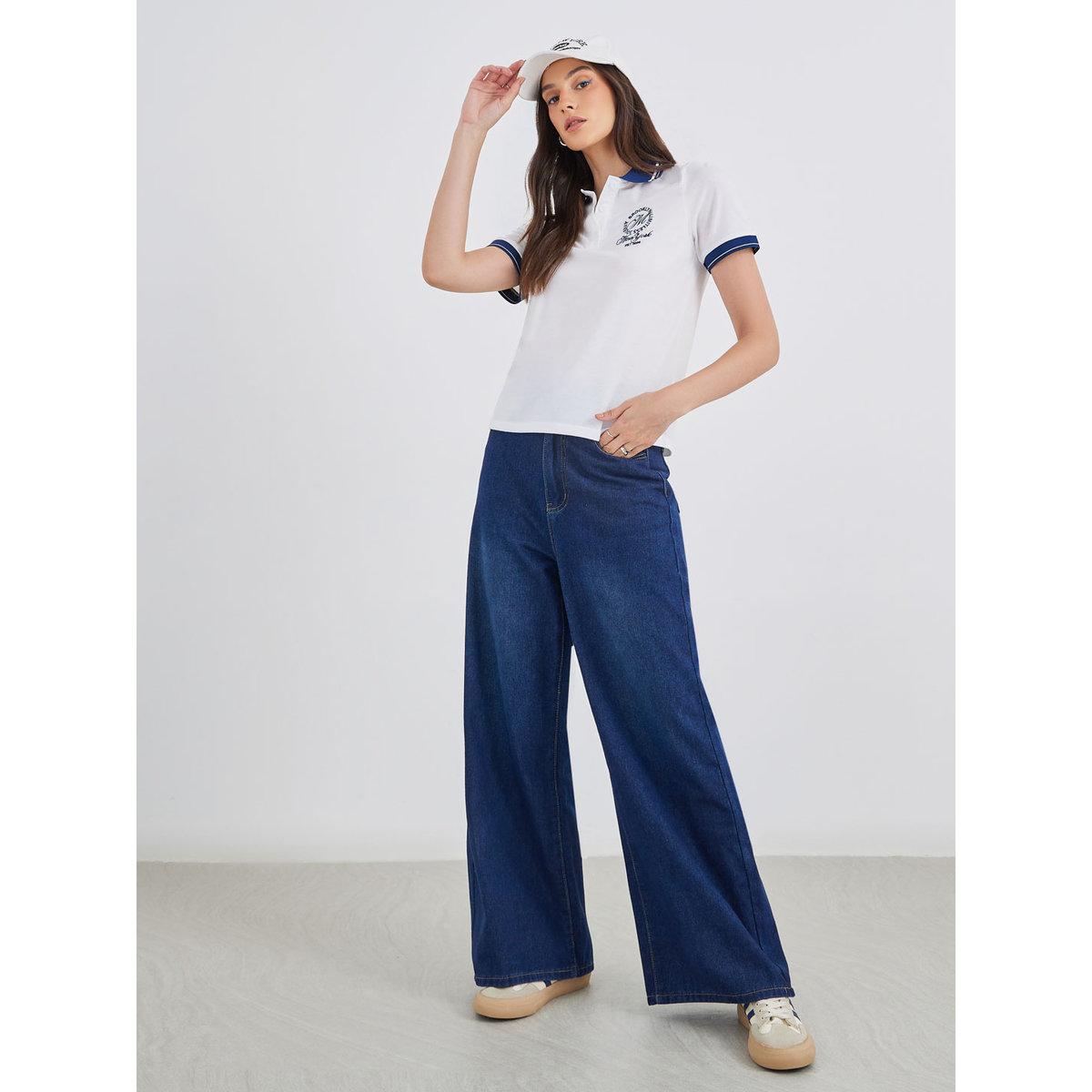 Styli Women White Embroidered Polo T-Shirt-women-clothing-tshirts-image-2