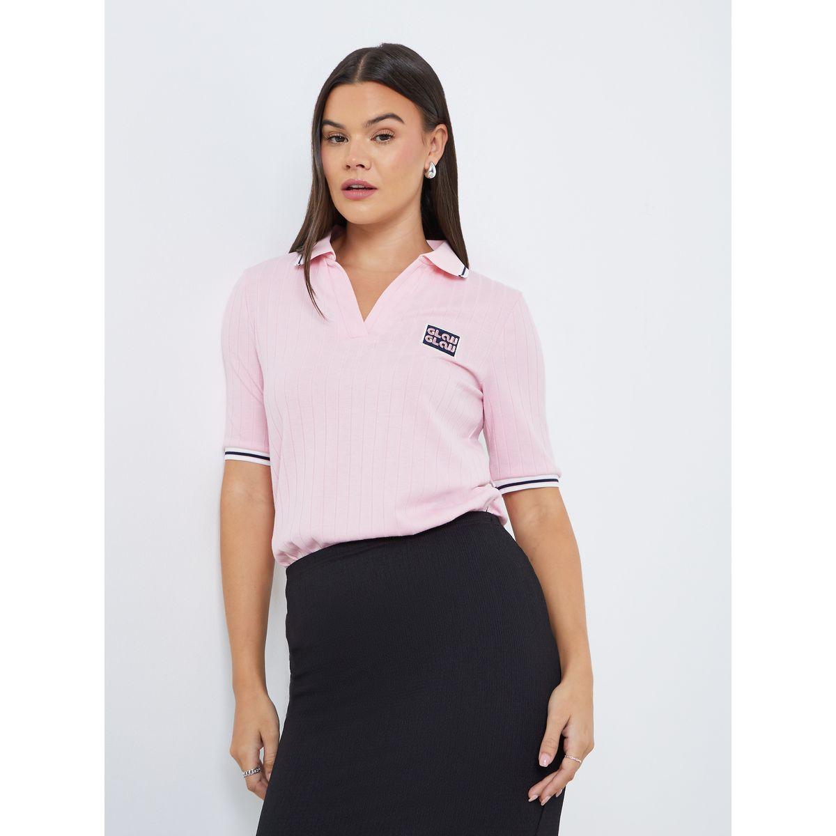 Styli Women Pink Contrast Tipping Polo T-Shirt-women-clothing-tshirts-image-1