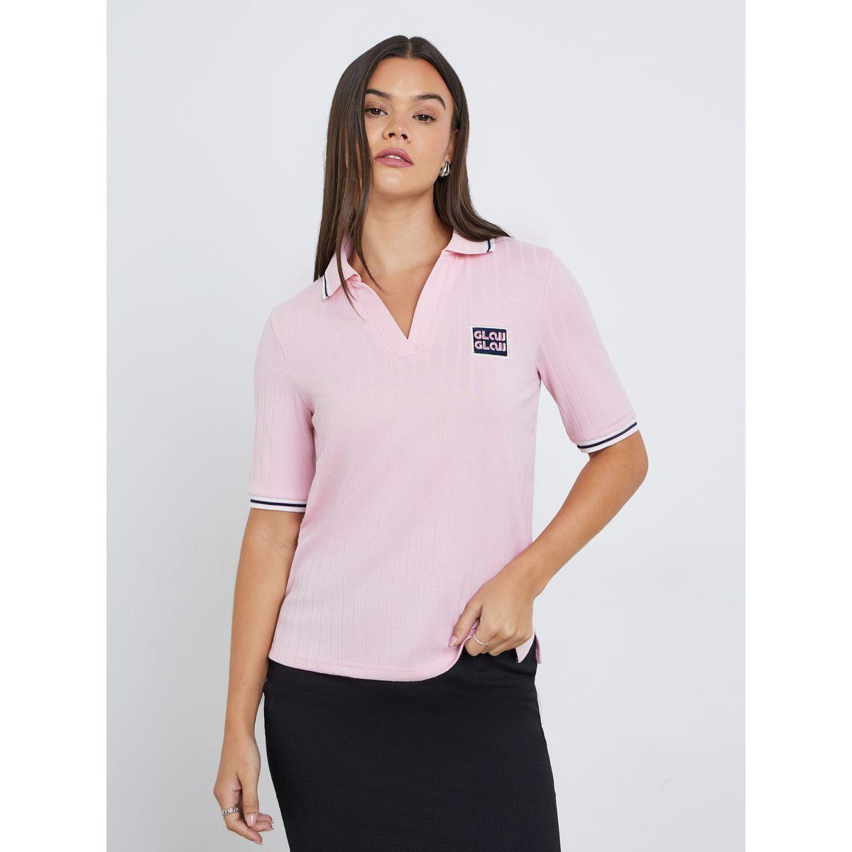Styli Women Pink Contrast Tipping Polo T-Shirt-women-clothing-tshirts-image-3