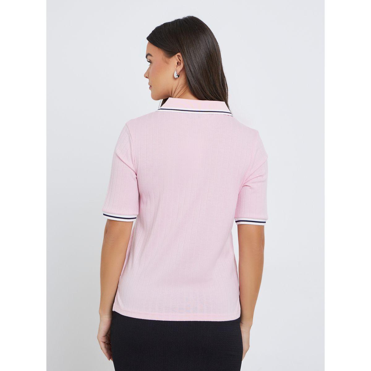 Styli Women Pink Contrast Tipping Polo T-Shirt-women-clothing-tshirts-image-5