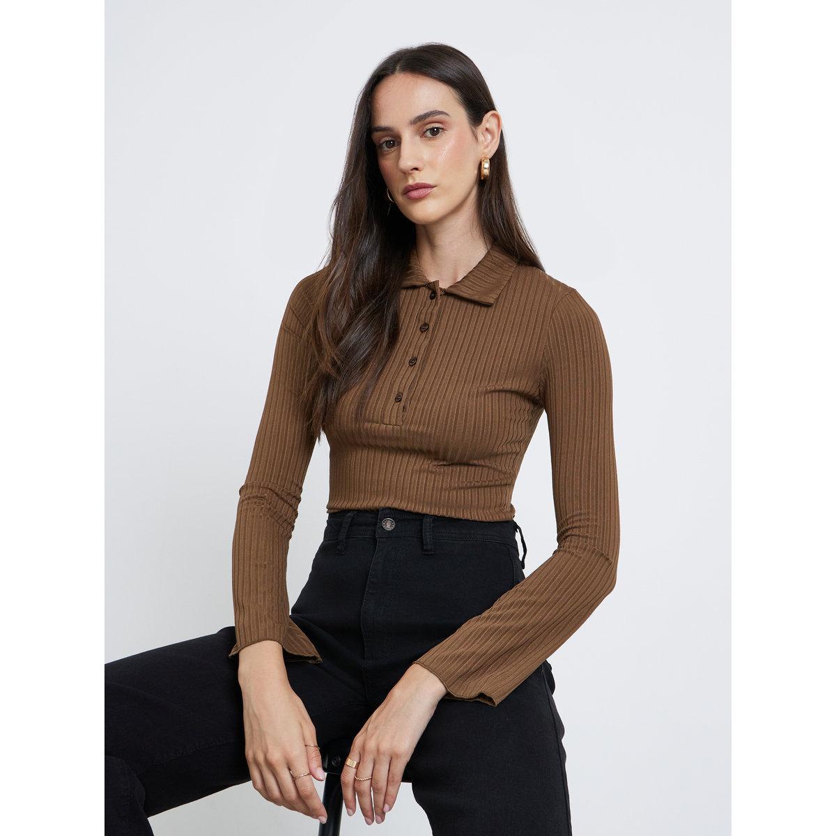 تيشيرت بولو بتفاصيل مُضلعة وأكمام طويلة-women-clothing-tshirts-image-1