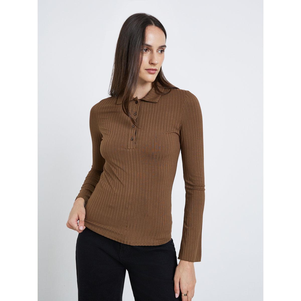 تيشيرت بولو بتفاصيل مُضلعة وأكمام طويلة-women-clothing-tshirts-image-4