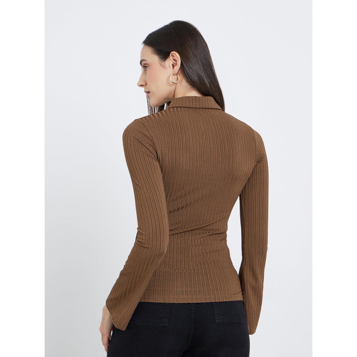 تيشيرت بولو بتفاصيل مُضلعة وأكمام طويلة-women-clothing-tshirts-image-5