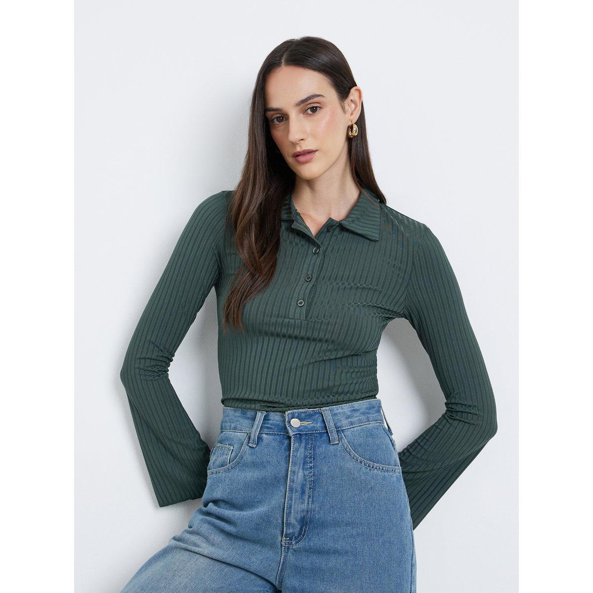 تيشيرت بولو بتفاصيل مُضلعة وأكمام طويلة-women-clothing-tshirts-image-1