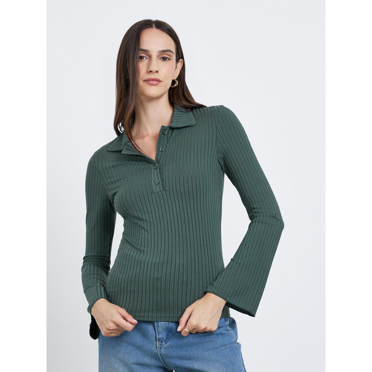 تيشيرت بولو بتفاصيل مُضلعة وأكمام طويلة-women-clothing-tshirts-image-3