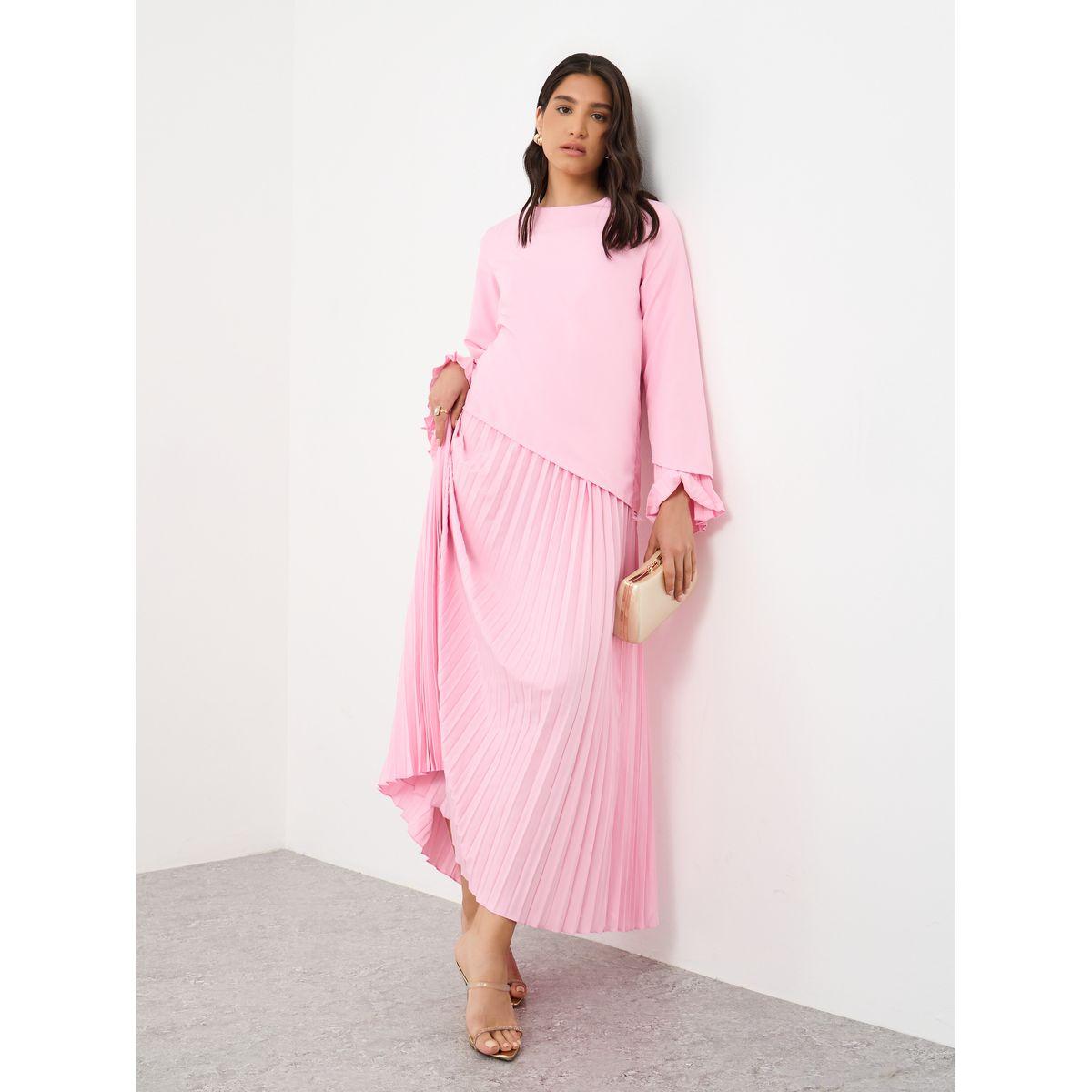 Styli Solid Pleated Hem A-Line Maxi Dress-women-clothing-dresses-image-1