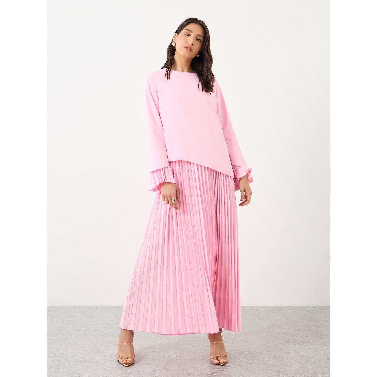 فستان طويل سادة بتفاصيل كسرات-women-clothing-dresses-image-4