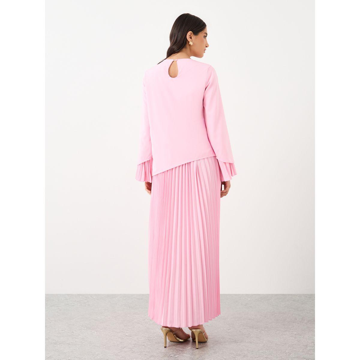فستان طويل سادة بتفاصيل كسرات-women-clothing-dresses-image-1