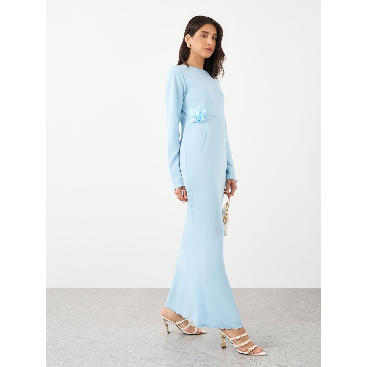 Styli Textured Flower Corsage Long Sleeve Maxi Dress-women-clothing-dresses-image-1