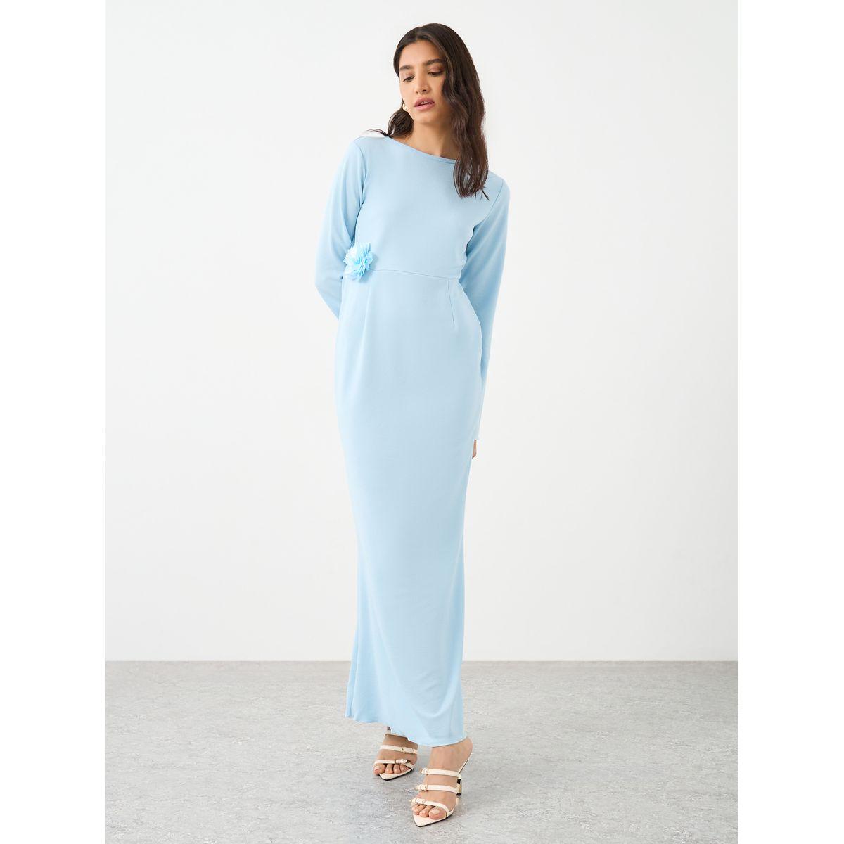 Styli Textured Flower Corsage Long Sleeve Maxi Dress-women-clothing-dresses-image-2