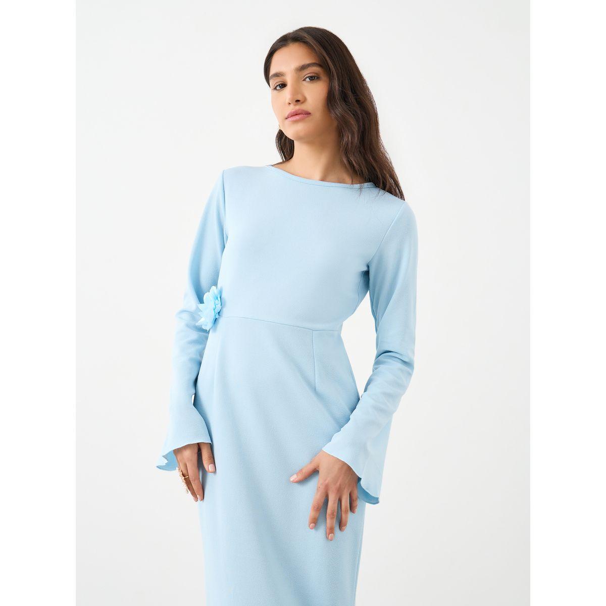 Styli Textured Flower Corsage Long Sleeve Maxi Dress-women-clothing-dresses-image-3