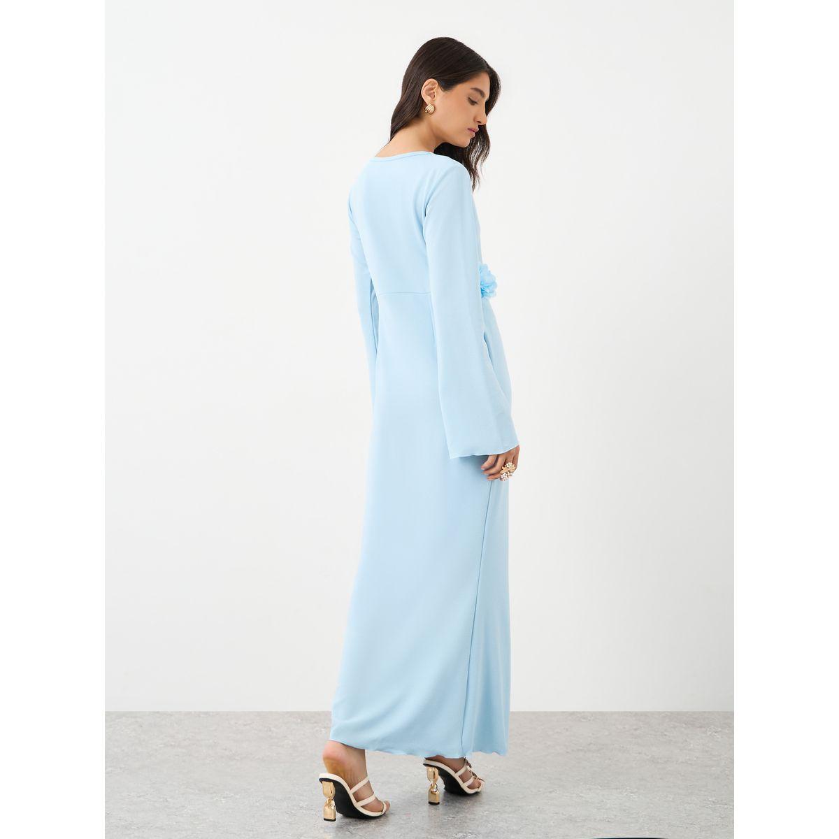 Styli Textured Flower Corsage Long Sleeve Maxi Dress-women-clothing-dresses-image-5