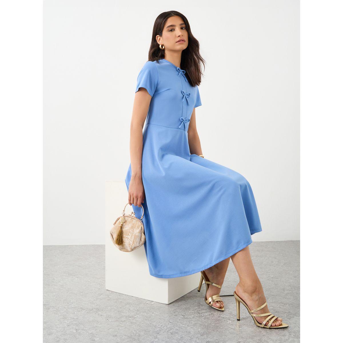 فستان ميدي سادة بياقة دائرية-women-clothing-dresses-image-1
