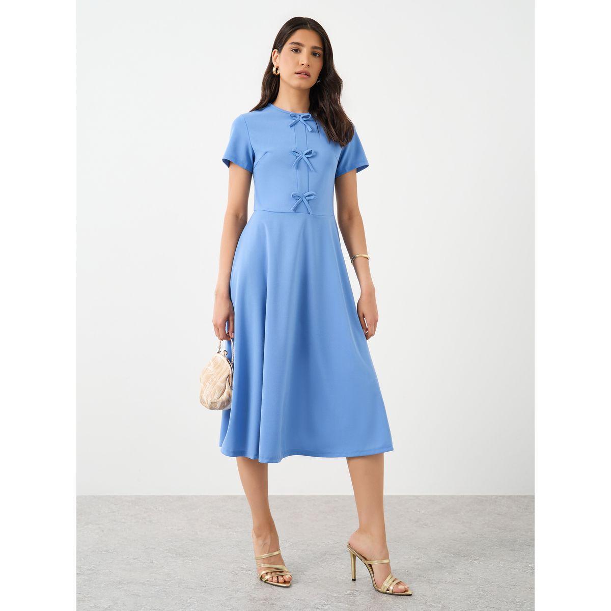 فستان ميدي سادة بياقة دائرية-women-clothing-dresses-image-2
