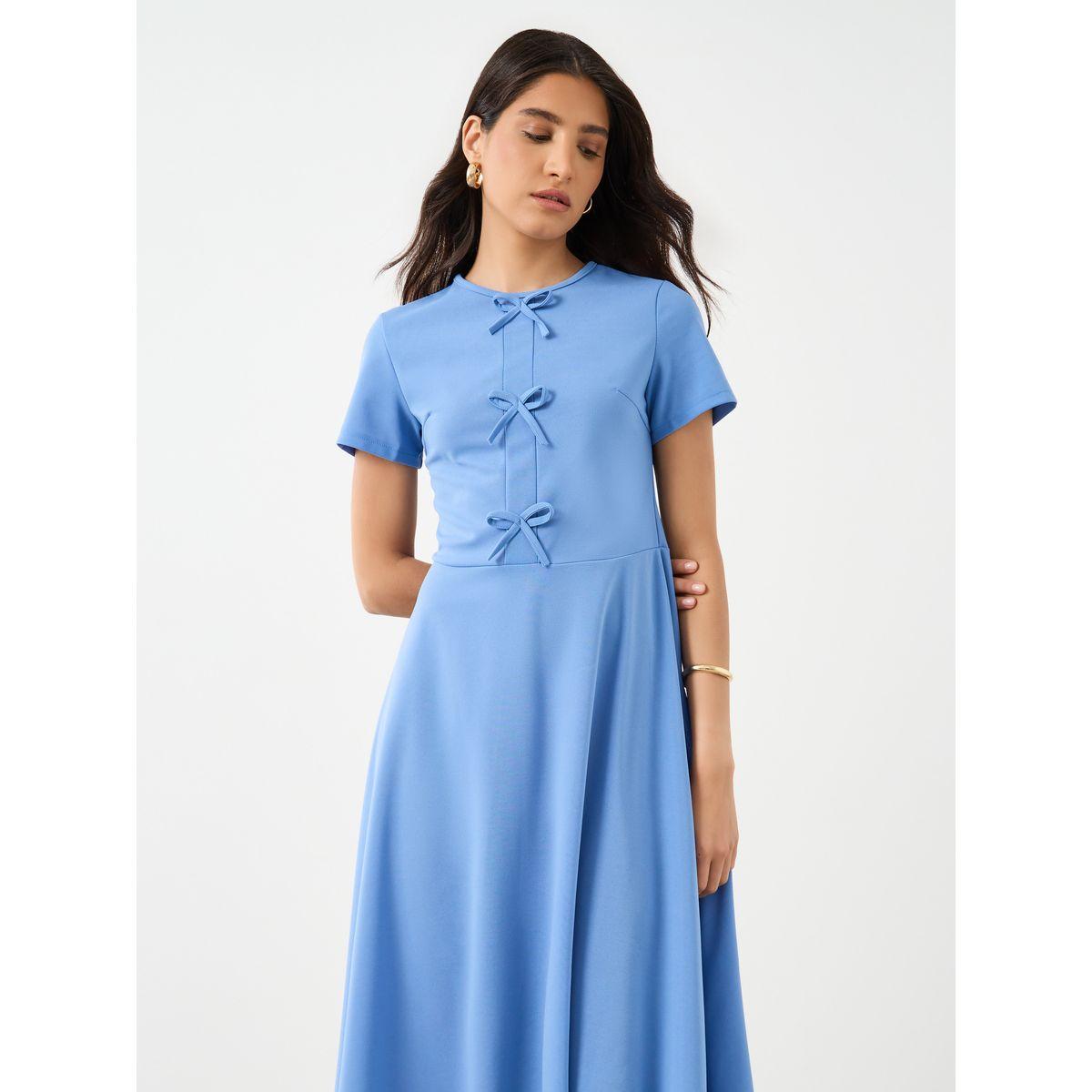 فستان ميدي سادة بياقة دائرية-women-clothing-dresses-image-3