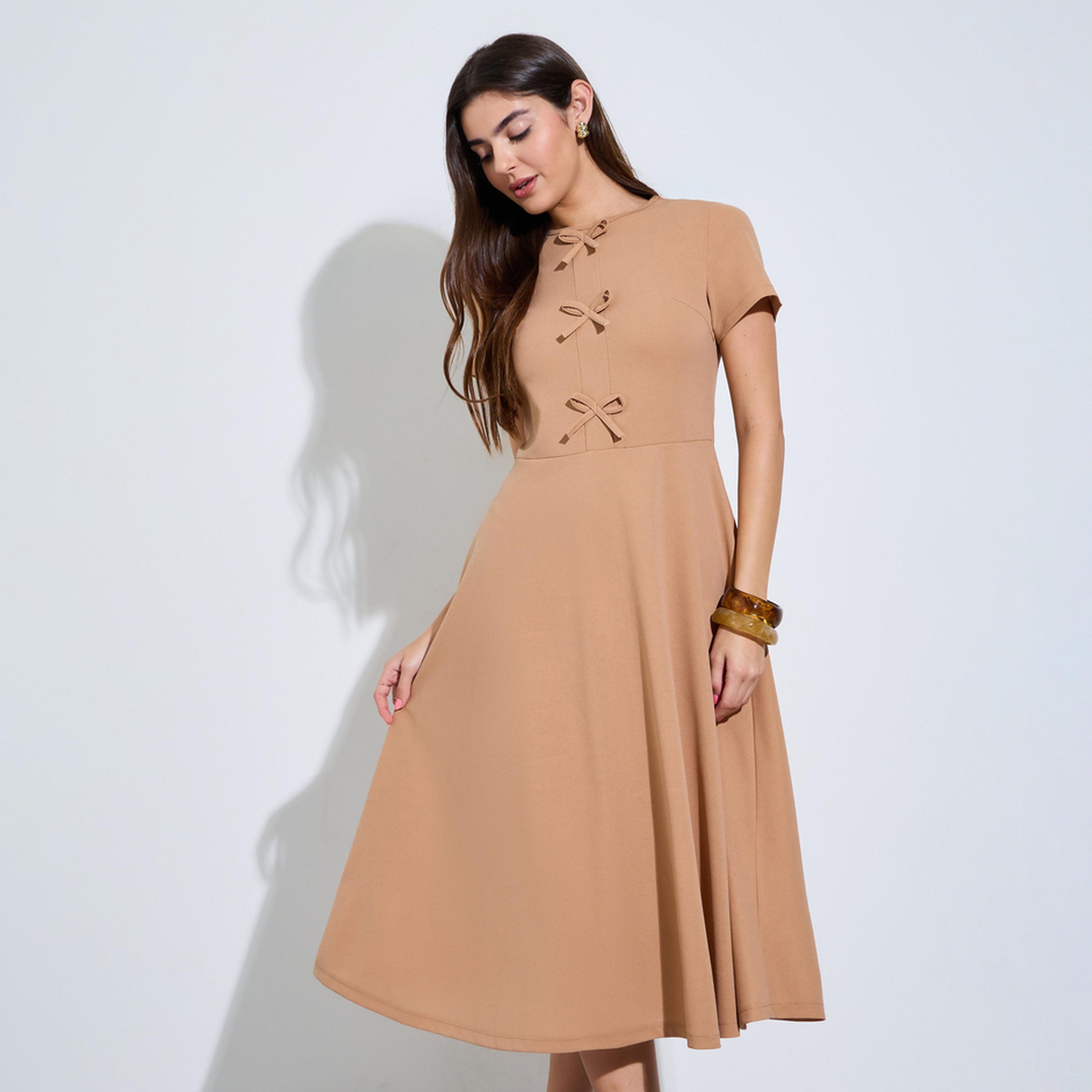 Styli Brown Round Neck Bow Detail Midi Dress-women-clothing-dresses-image-1