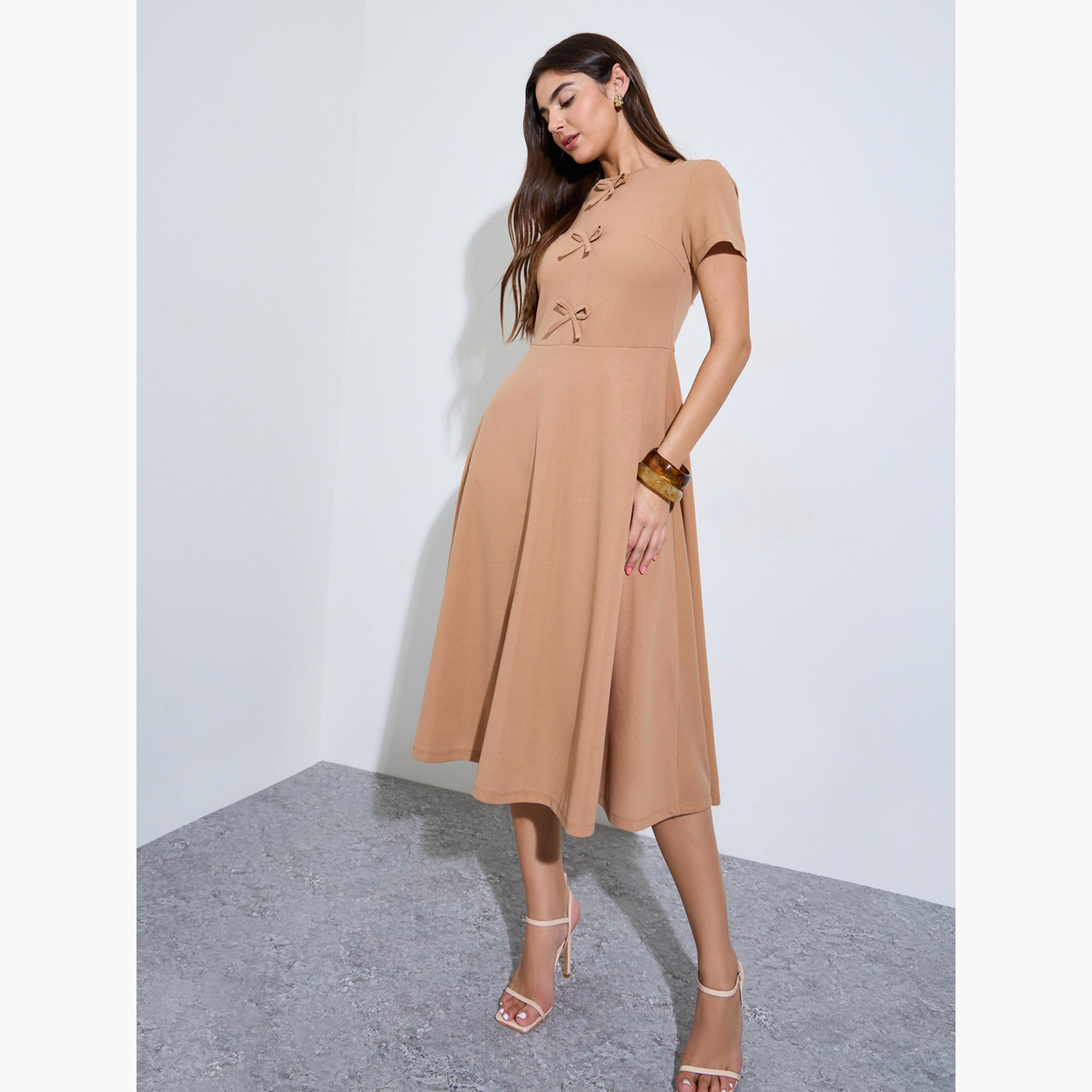 Styli Brown Round Neck Bow Detail Midi Dress-women-clothing-dresses-image-2