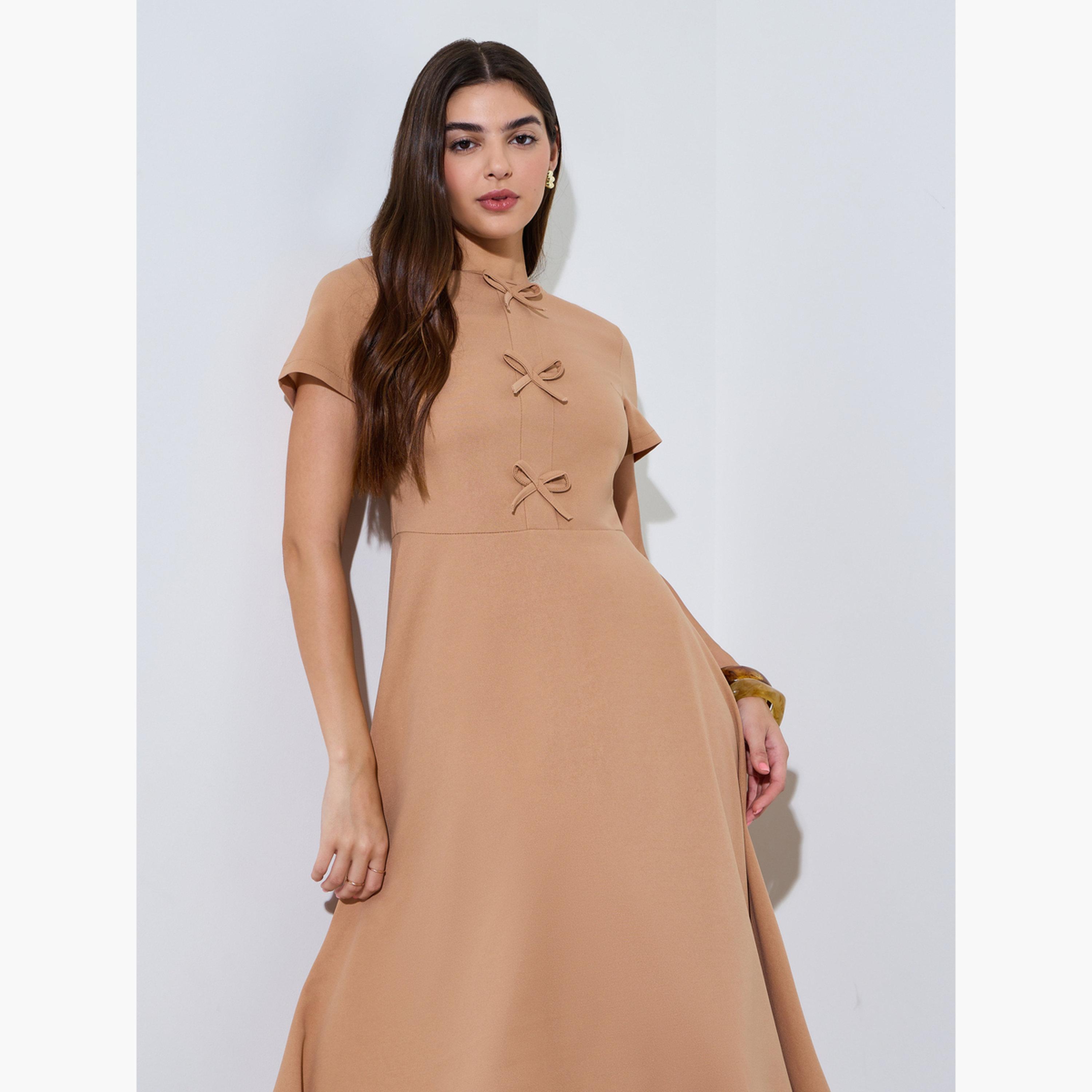 Styli Brown Round Neck Bow Detail Midi Dress-women-clothing-dresses-image-3