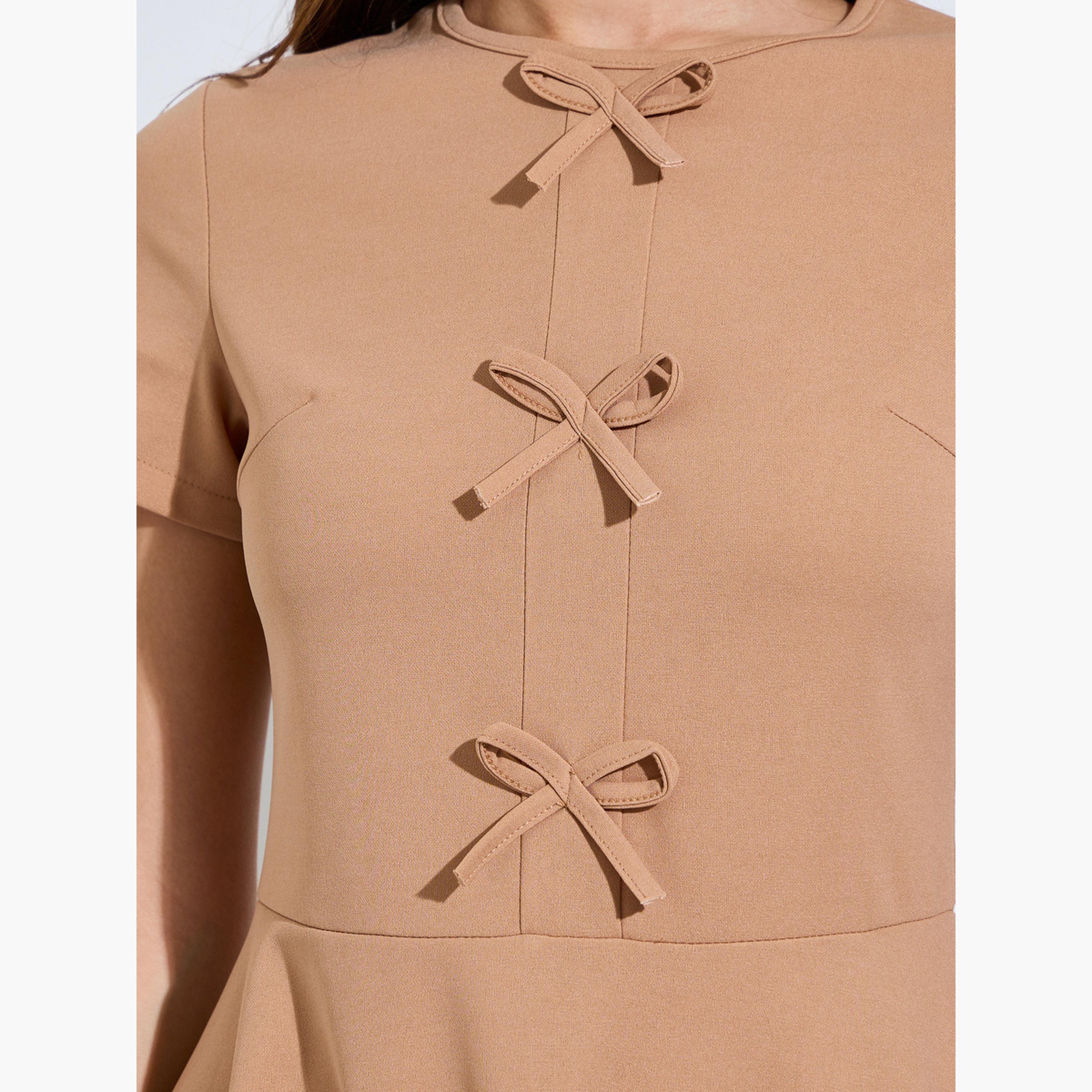 Styli Brown Round Neck Bow Detail Midi Dress-women-clothing-dresses-image-5