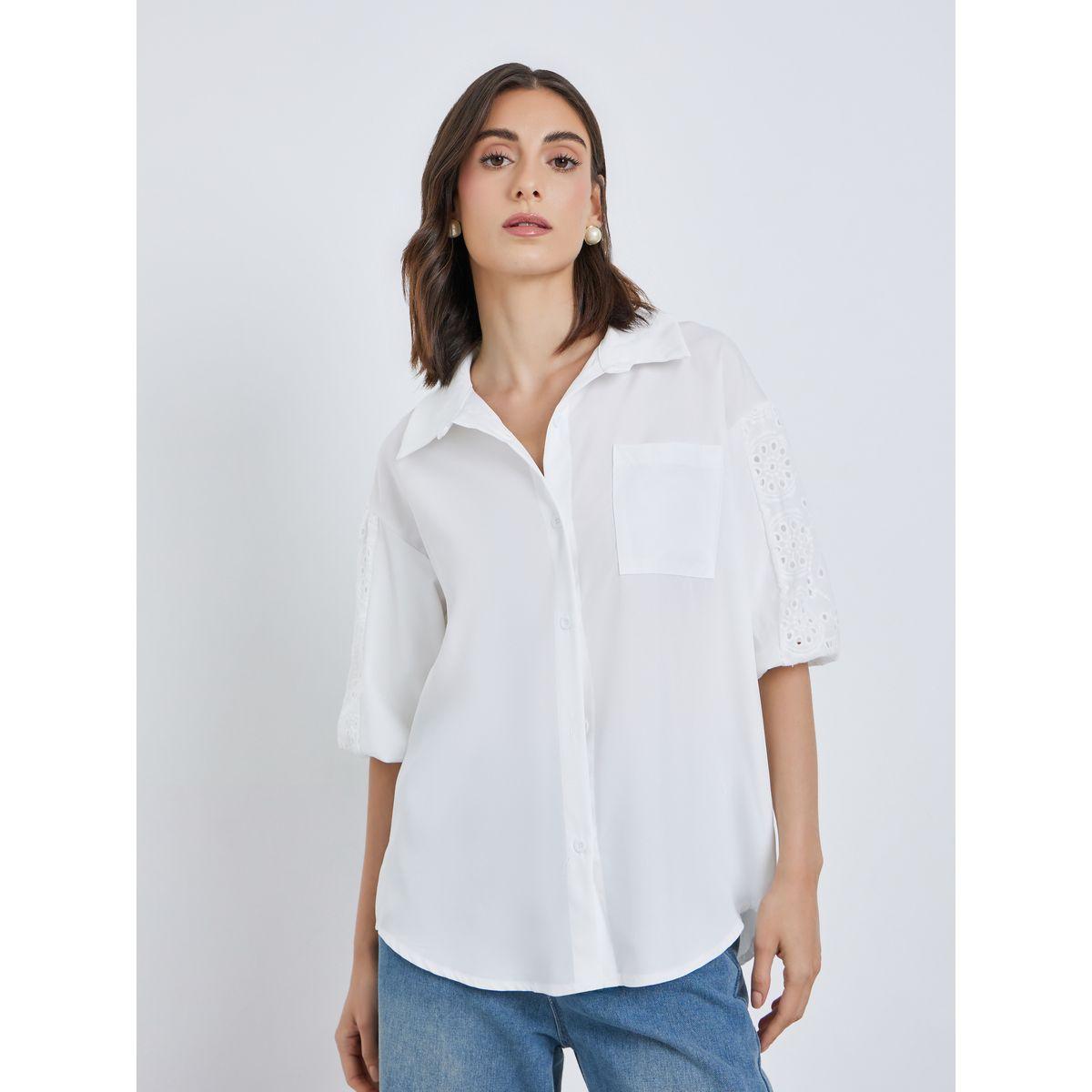 بلوزة فضفاض سادة بأكمام قصيرة-women-clothing-shirtsandblouses-shirts-image-2