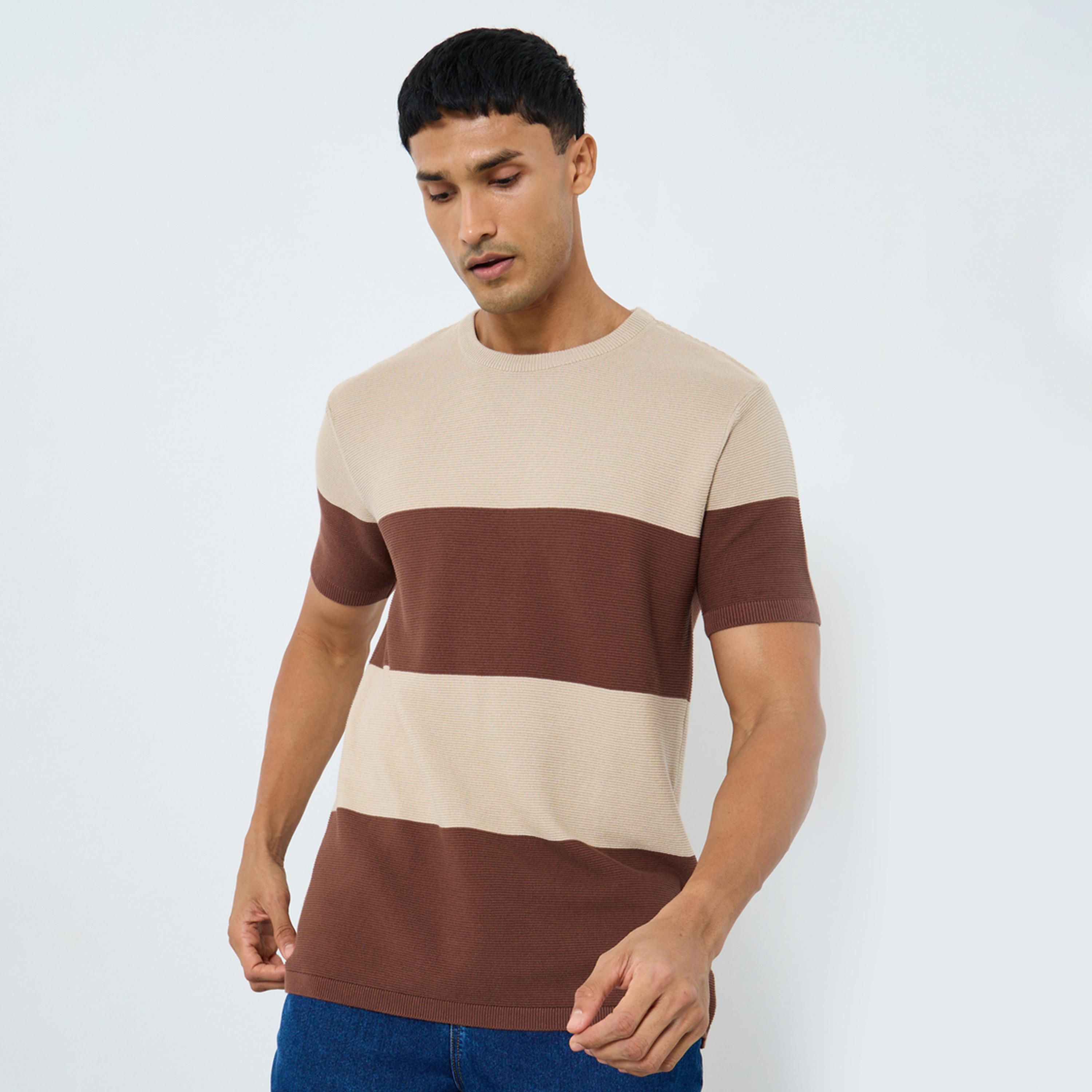 Styli Men Beige Striped Knitted Boxy Fit T-Shirt-men-clothing-tshirtsandpolos-tshirts-image-1