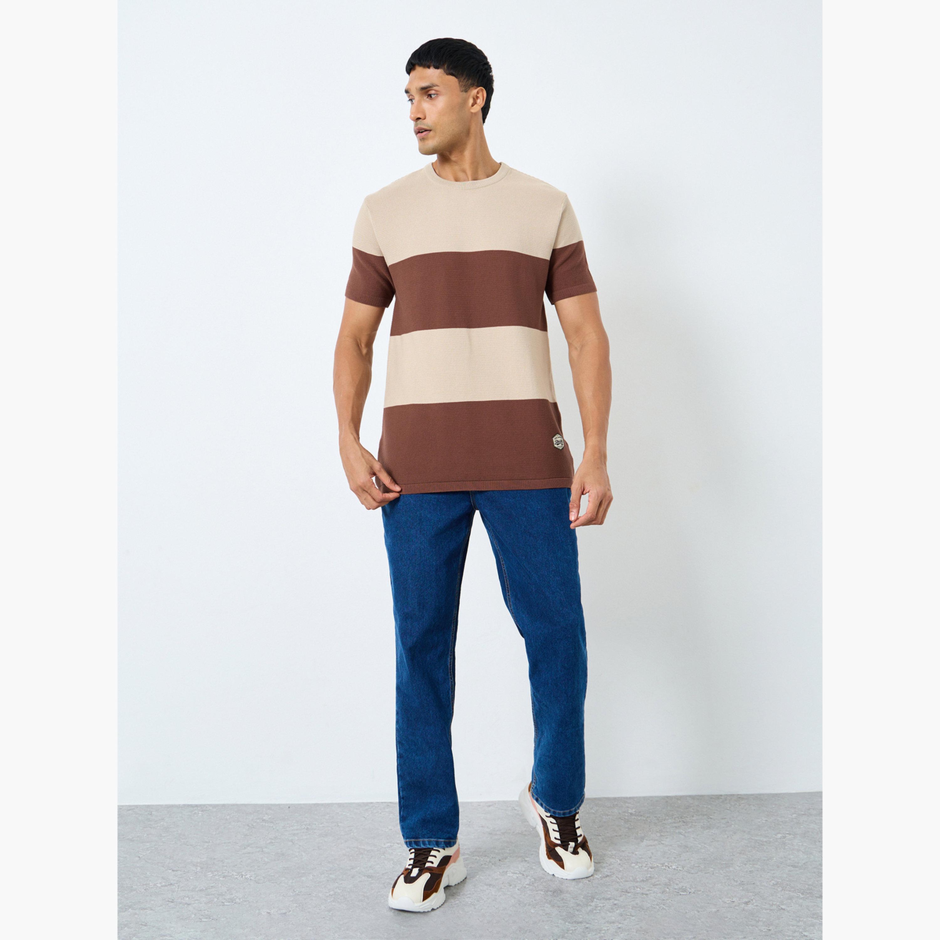 Styli Men Beige Striped Knitted Boxy Fit T-Shirt-men-clothing-tshirtsandpolos-tshirts-image-2