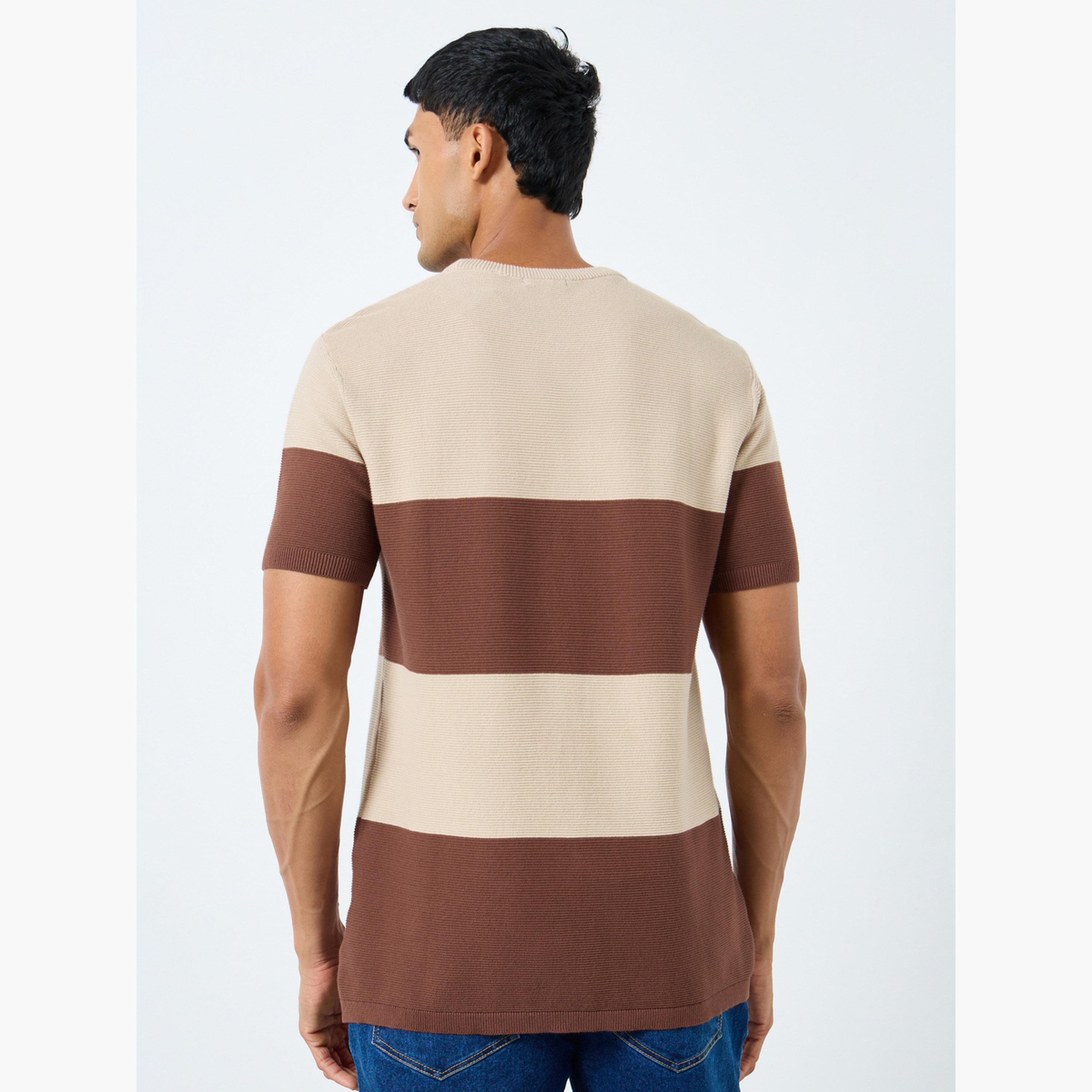 Styli Men Beige Striped Knitted Boxy Fit T-Shirt-men-clothing-tshirtsandpolos-tshirts-image-4
