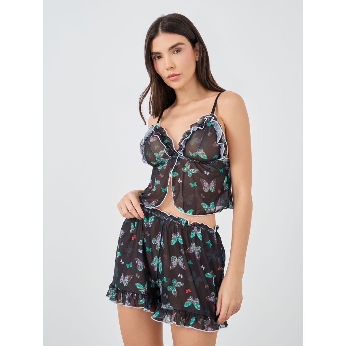 مجموعة من شورت وبلوزة قصيرة بتفاصيل كشكش-women-clothing-lingerie-lingeriesets-image-2
