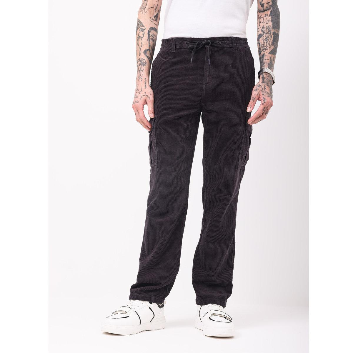 British Club Men Black Straight Fit Corduroy Cargo Trousers-men-clothing-bottoms-trousersandchinos-trousers-image-1
